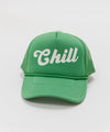 Gigi Pip trucker hats for women - Chill Foam Trucker Hat - 100% polyester foam + mesh trucker hat with a curved brim featuring the word "Chill" as a design across the front panel [vintage green]