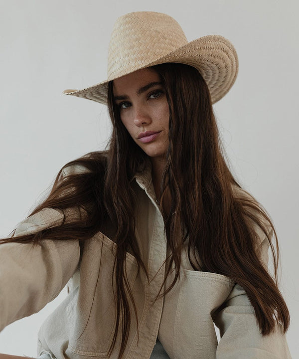 Gigi Pip straw hats for women - Codi Western - Mexican Palmilla Straw classic pinched fedora crown with a flexible wire western shaped brim, featuring a gold plated metal Gigi Pip pin on the back of the crown [natural]