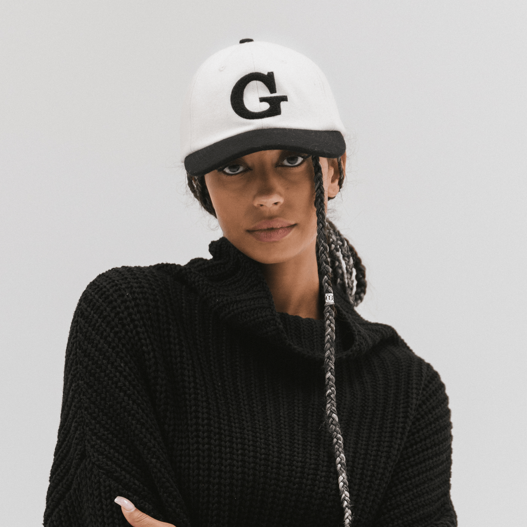 Gigi Pip ball caps for women - Carson Felt Ball Cap -  100% wool felt ball cap featuring a chenille patch G on the front + a semi-relaxed shape that's inspired by vintage dad caps [cream-black]