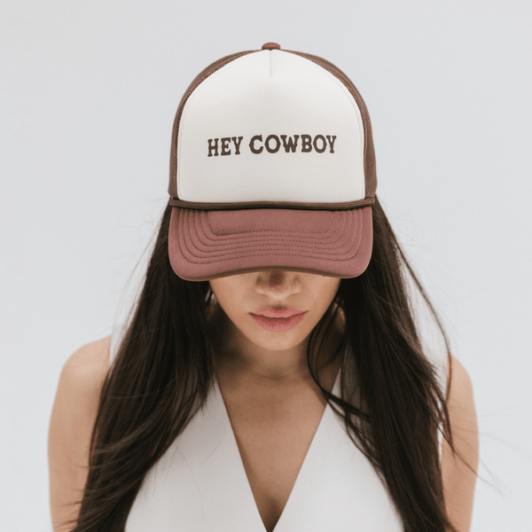 Gigi Pip trucker hats for women - Hey Cowboy Foam Trucker Hat - 100% polyester foam + mesh trucker hat with a curved brim featuring the words "hey cowboy" in a contrasting color as a design across the front panel [cream-chocolate brown]