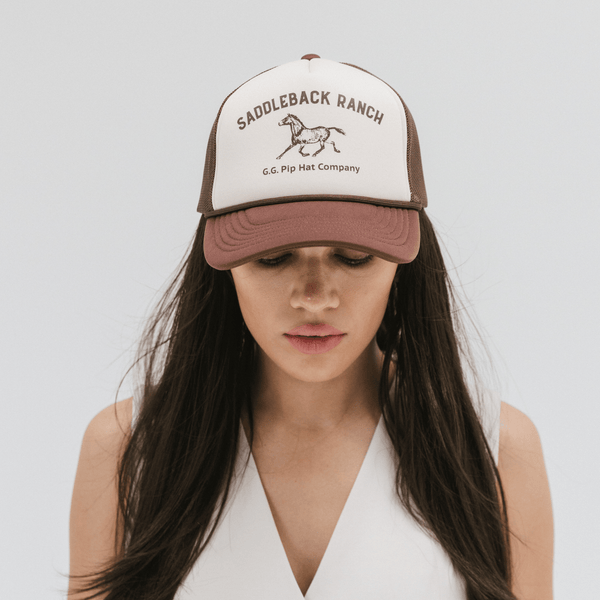 Gigi Pip trucker hats for women - Saddleback Foam Trucker Hat - 100% polyester foam + mesh trucker hat with a curved brim featuring the words "Saddleback Ranch" in a contrasting color as a design across the front panel [cream-chocolate brown]