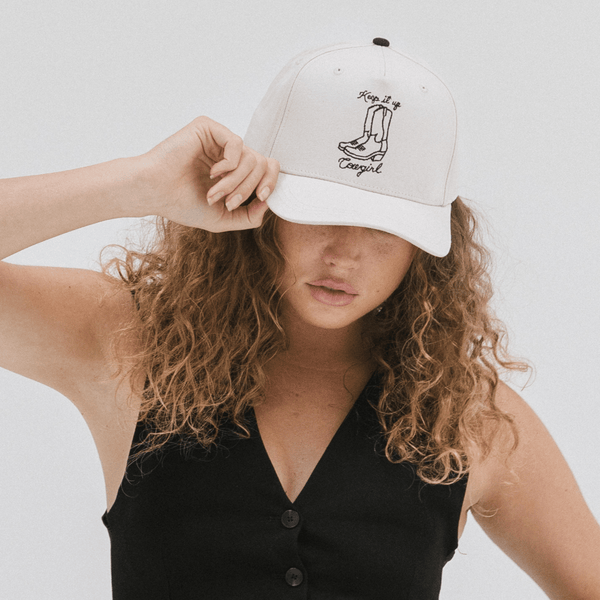 Gigi Pip trucker hats for women - Keep it Up Cowgirl Canvas Trucker Hat - 100% cotton canvas w/ cotton sweatband + reinforced from inner panel with 100% plolyester mesh trucker with Keep it Up Cowgirl embroidered on the front panel featuring an adjustable back strap [cream]