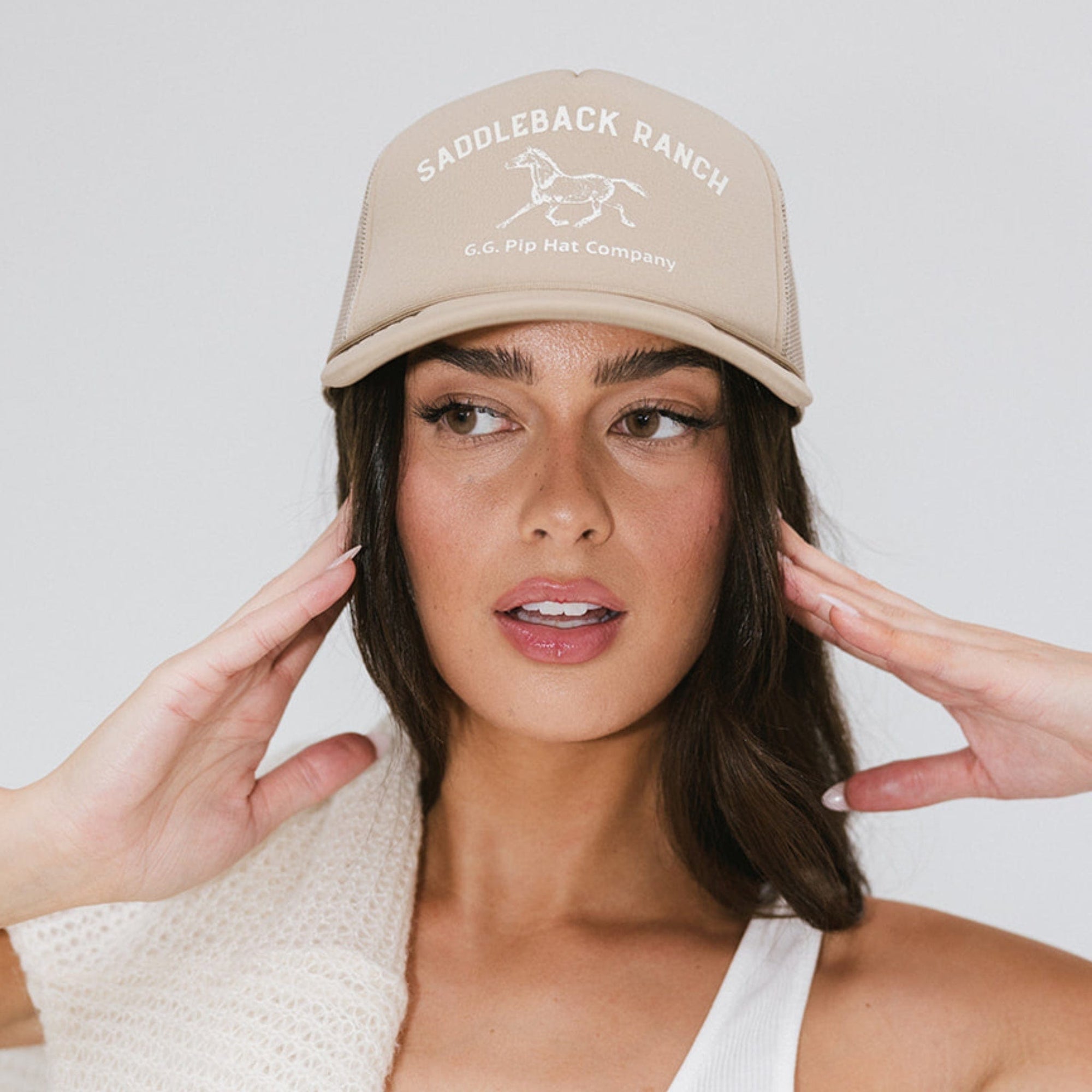 Gigi Pip trucker hats for women - Saddleback Foam Trucker Hat - 100% polyester foam + mesh trucker hat with a curved brim featuring the words 