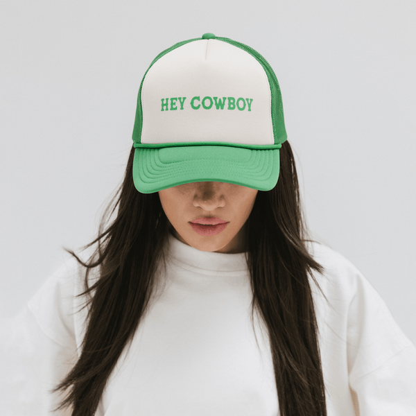 Gigi Pip trucker hats for women - Hey Cowboy Foam Trucker Hat - 100% polyester foam + mesh trucker hat with a curved brim featuring the words "hey cowboy" in a contrasting color as a design across the front panel [cream-vintage green]