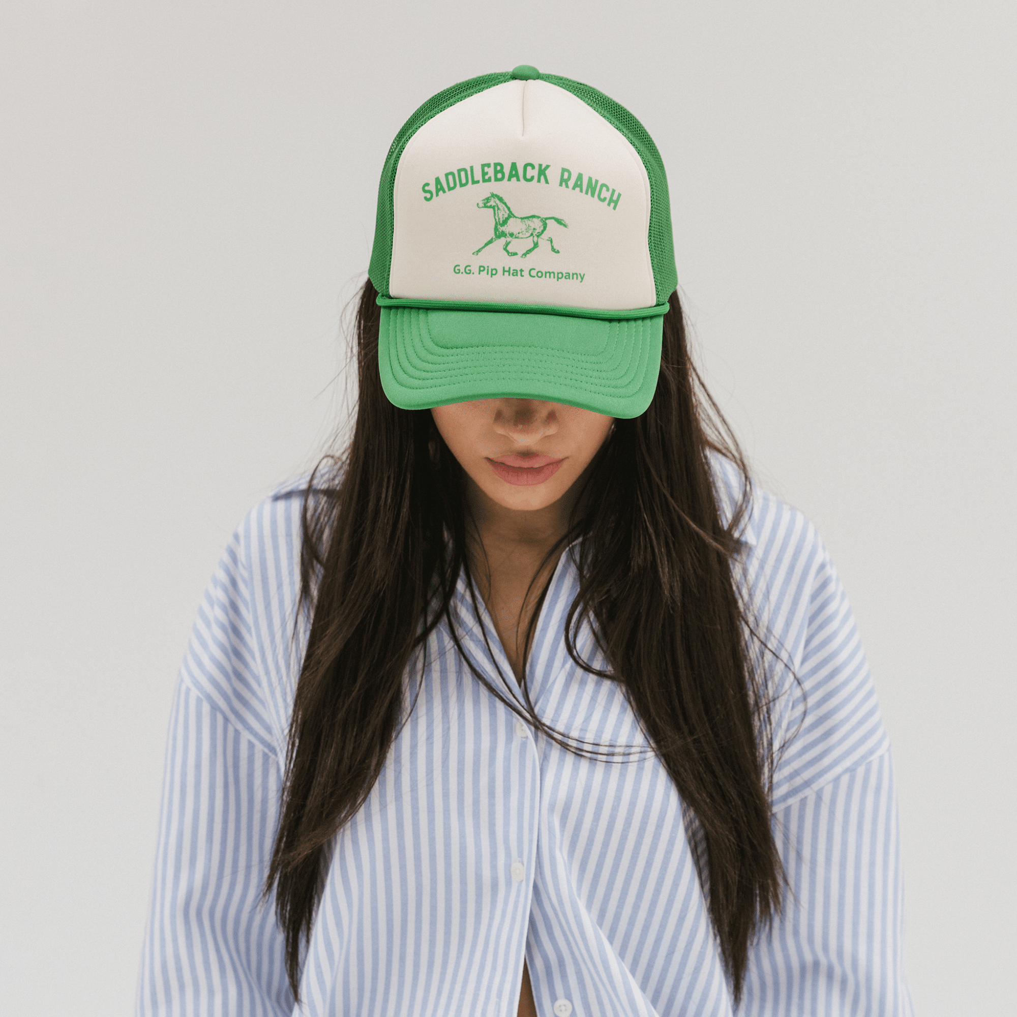 Gigi Pip trucker hats for women - Saddleback Foam Trucker Hat - 100% polyester foam + mesh trucker hat with a curved brim featuring the words "Saddleback Ranch" in a contrasting color as a design across the front panel [black]