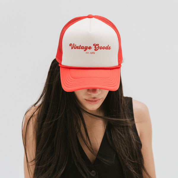 Gigi Pip trucker hats for women - Vintage Goods Foam Trucker Hat - 100% polyester foam + mesh trucker hat with a curved brim featuring the words "vintage goods" in a contrasting color as a design across the front panel [cream-vintage red]