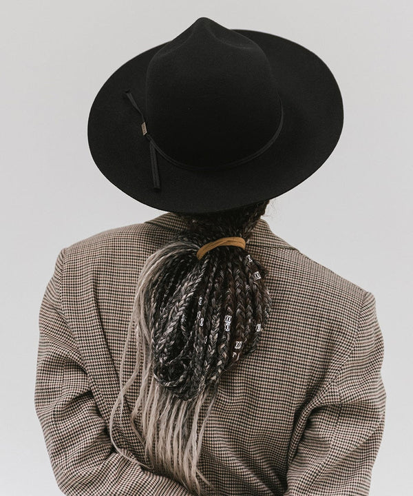 Gigi Pip felt hats for women - Camille Campaign Crown - 100% australian wool campaign crown with a medium stiff flat brim featuring a brushed brass Gigi Pip pass through bar pin [black]