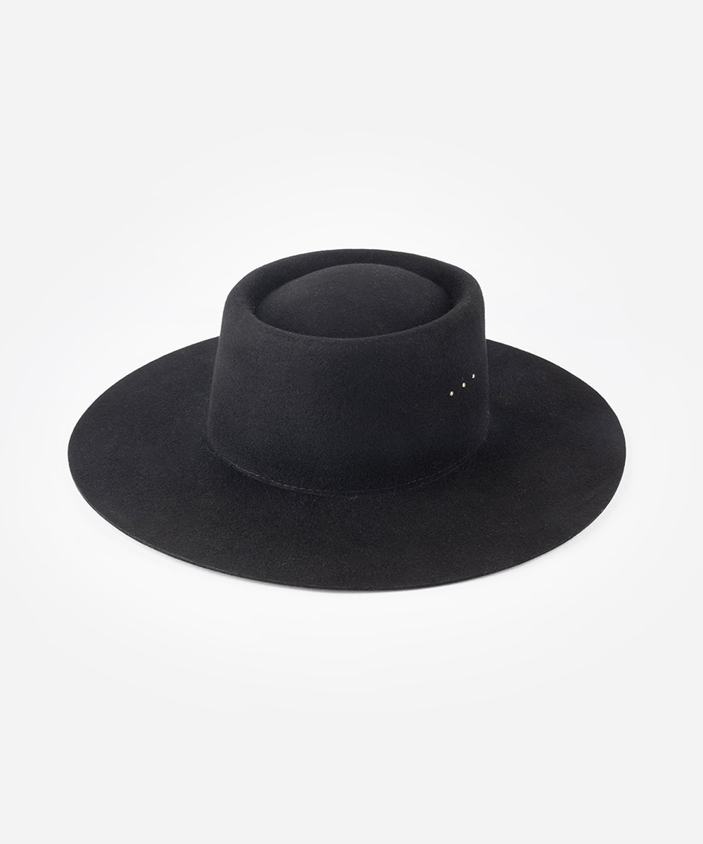 Black boater hat on a plain background #color_black