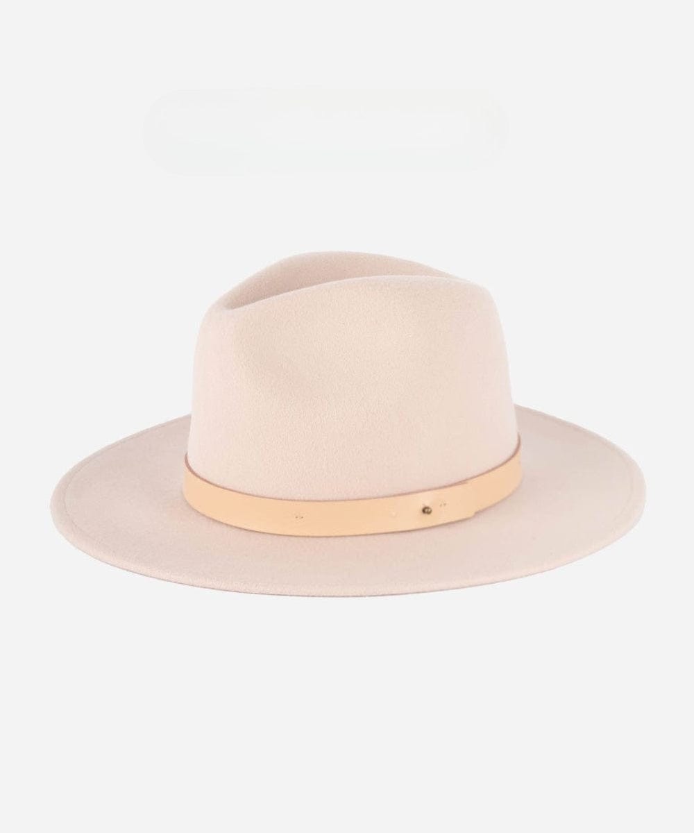 A blush pink colored fedora hat with a hat band on a white background #color_blush pink