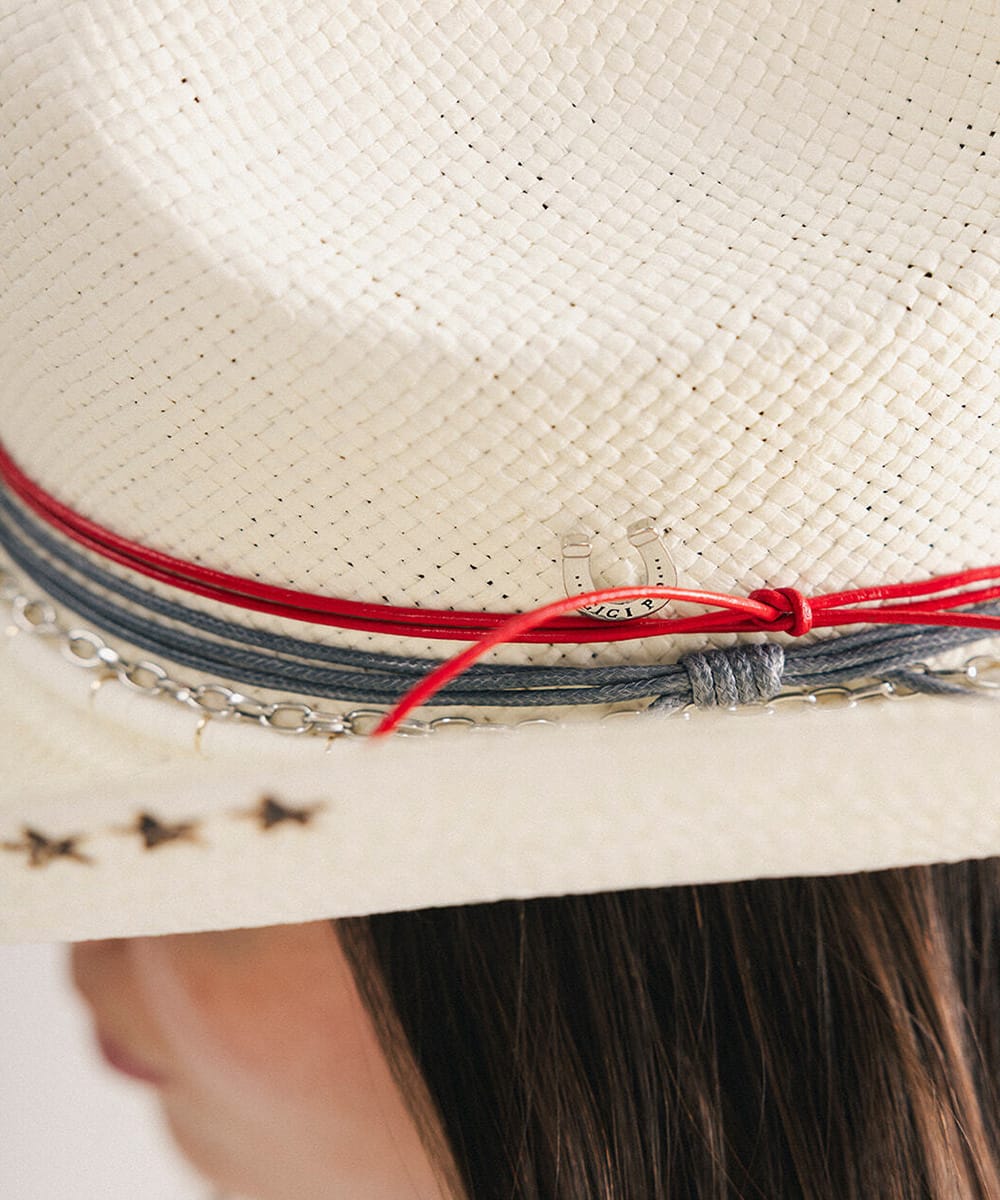 Close-up of a white cowboy hat with red and blue band and decorative stars #color_natural white