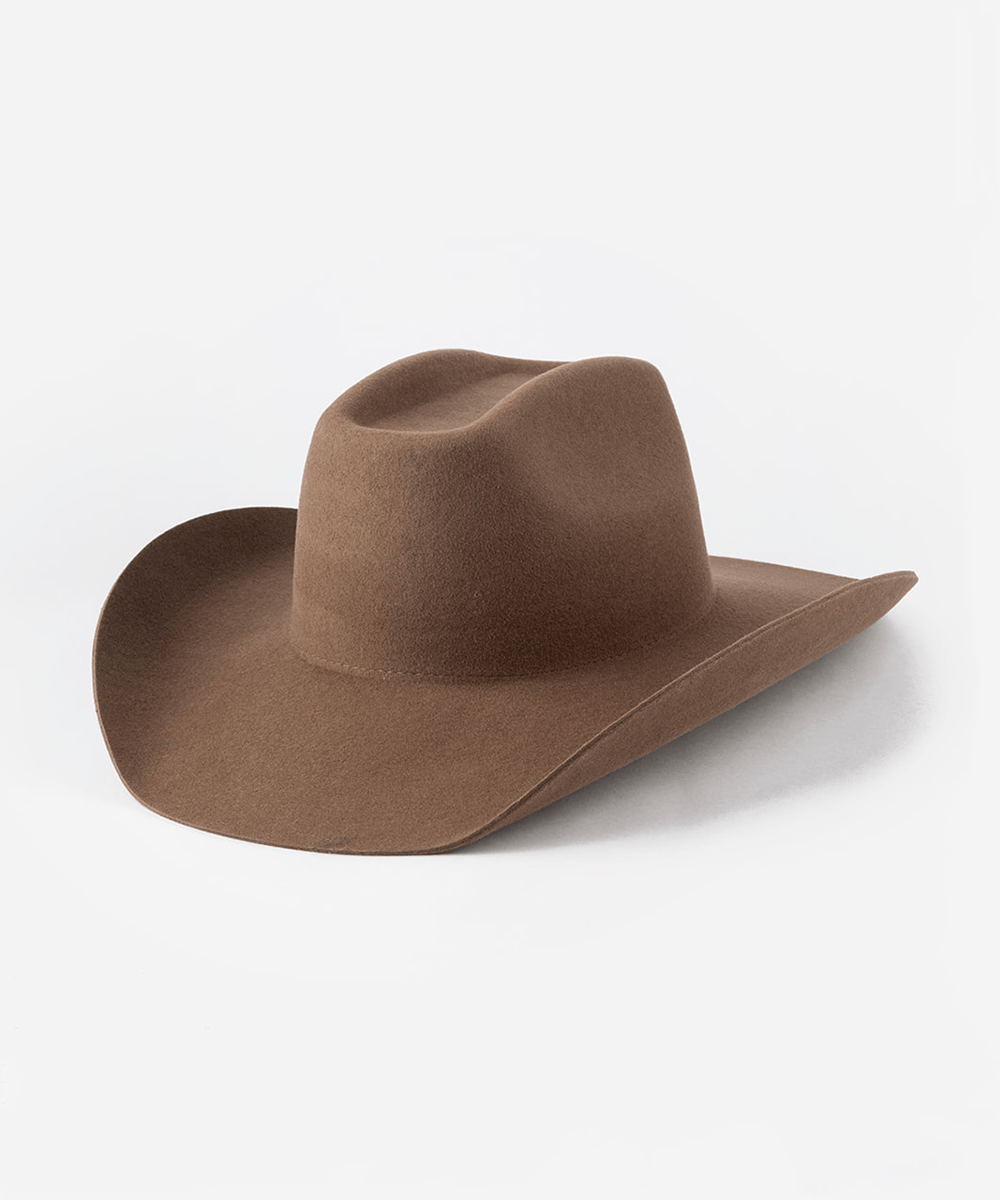 A chocolate colored cowboy hat with an upturned brim displayed against a white background. #color_chocolate