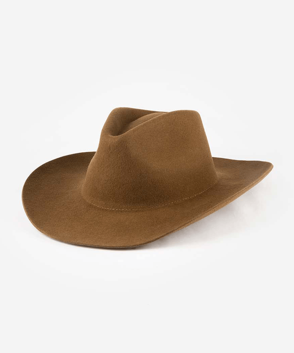 A classic brown felt cowboy hat with a wide brim and a pinched crown, photographed on a clean white background #color_coffee