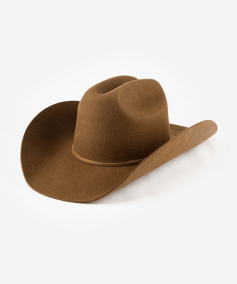 A classic brown felt cowboy hat with a matching brown band, photographed from a three-quarters angle on a clean white background #color_coffee