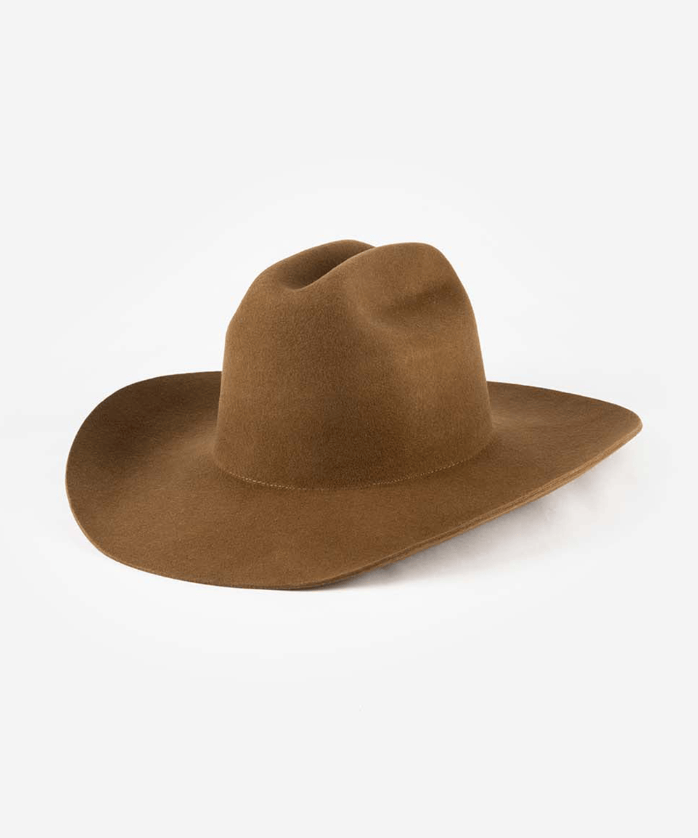 A classic brown felt cowboy hat with a wide brim and a pinched crown, photographed on a clean white background #color_coffee