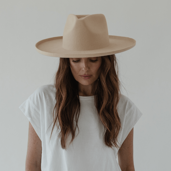 Gigi Pip felt hats for women - Amelia Wide Brim Fedora - 100% australian wool wide brim fedora with a pinched teardrop crown + pencil rolled brim [cream]