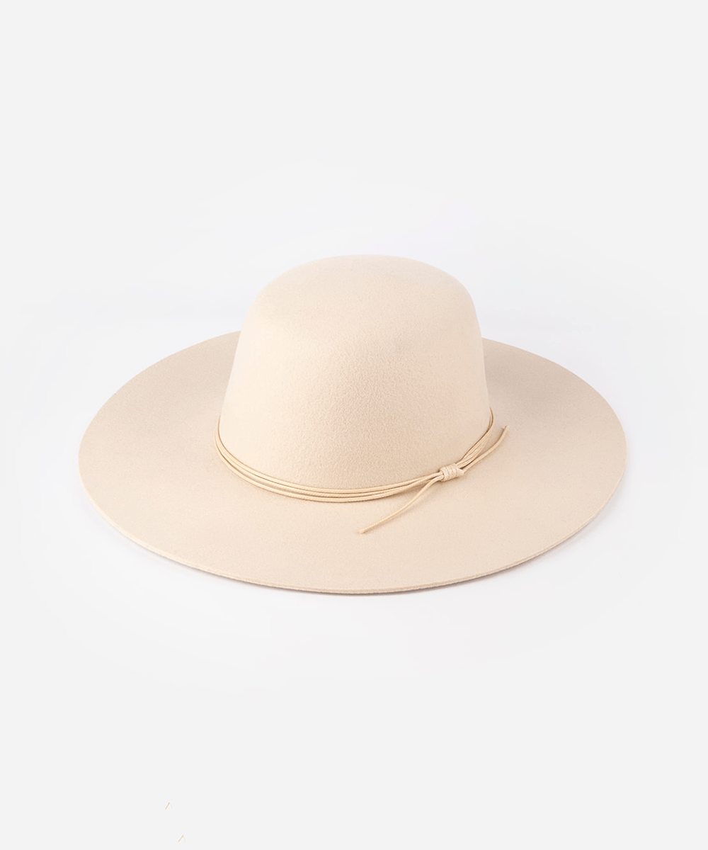 A open crown hat with a structured semi-wide brim and a tonal triple-strand waxed leather band against a plain background #color_cream