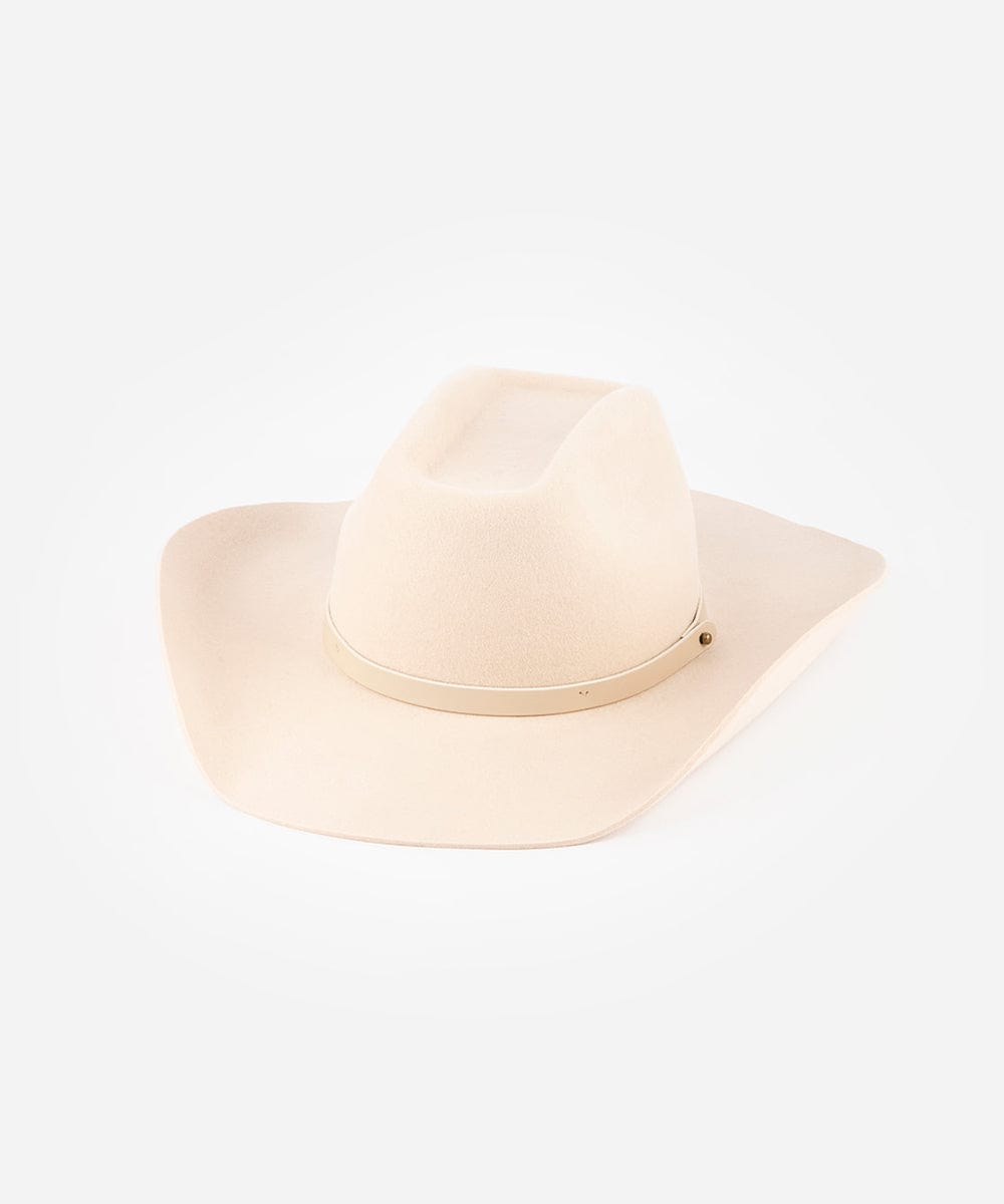 Cream cowboy hat with an upturned brim and an attached leather band on a white background #color_cream