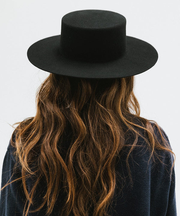 Gigi Pip felt hats for women - Dahlia Boater - boater-style crown with a stiff, wide flat brim [black]
