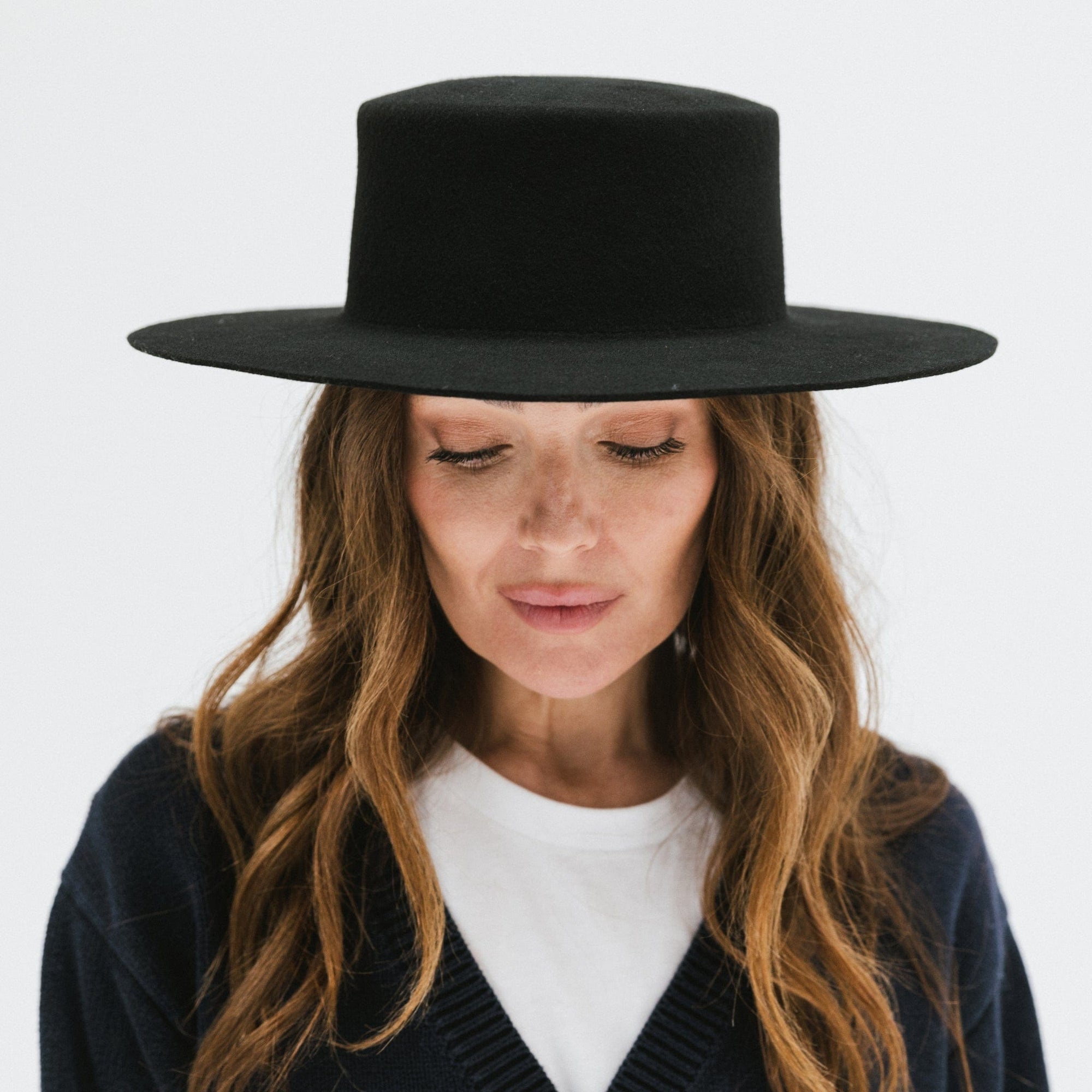 Gigi Pip felt hats for women - Dahlia Boater - boater-style crown with a stiff, wide flat brim [black]