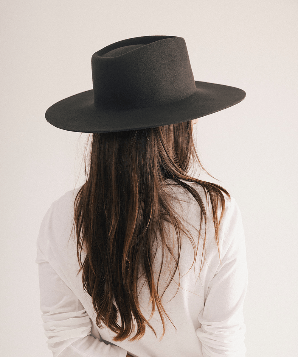 Woman wearing a wide brim felt hat on a white background #color_dark brown