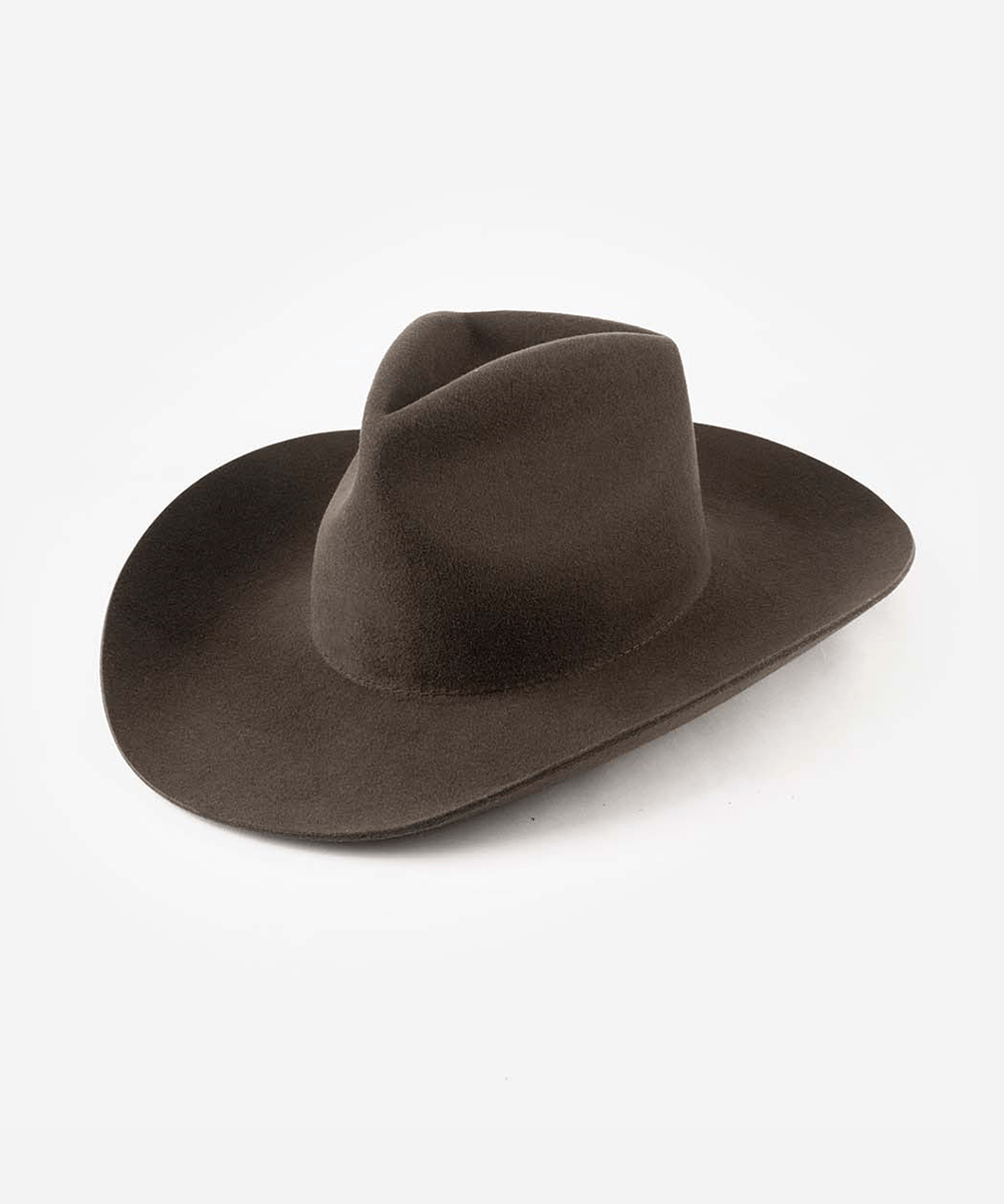 A dark brown felt cowboy hat with a wide brim and a pinched crown, photographed from a side angle on a clean white background #color_dark brown