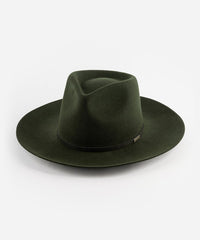 A dark green Rowan Wide Brim Fedora hat with an attached leather band on a white background. #color_dark green