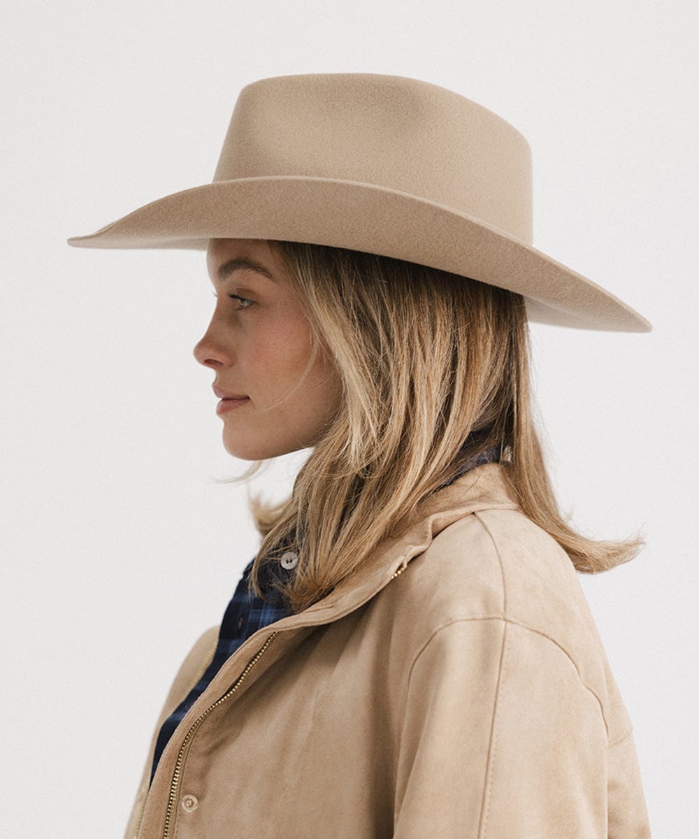 Cappello Da Cowboy In Feltro Chinlon - Bordo Largo, Fascia Decorata, Colore Beige Per Uomo E Donna