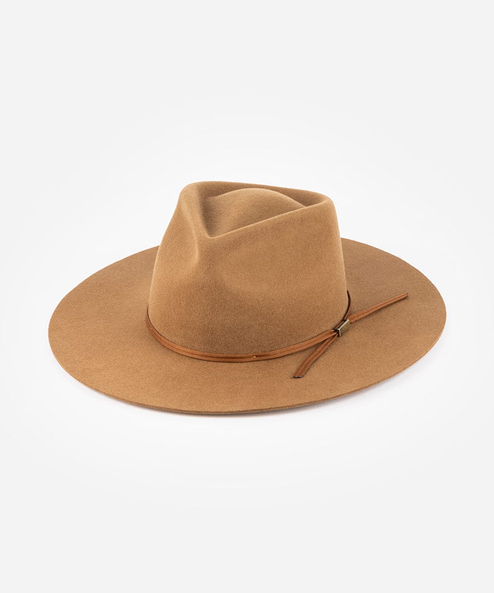 Caramel colored fedora hat with a hat band on a plain background #color_caramel