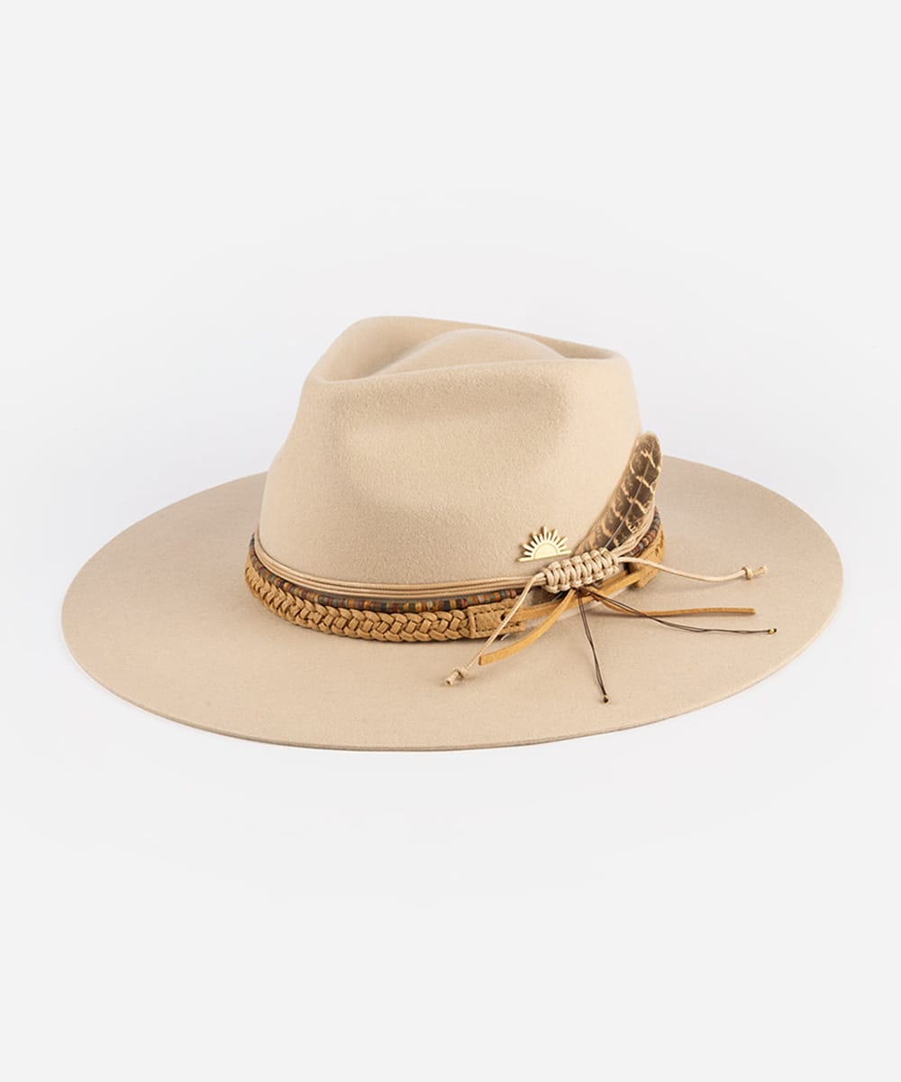 Beige hat with gold embellishments on a white background #color_tan