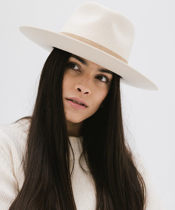 Gigi Pip felt hats for women - Holly Rancher - teardrop fedora with a semi-tall crown and mid-length upturned brim, featuring a hand-sewn suede band [off white]
