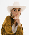 Gigi Pip felt hats for women - Lane Brick Top - 100% australian wool stiff traditional western Upturned Brim with a Brick Top Crown featuring a gold plated Gigi Pip branded pin on the back of the crown [cream]