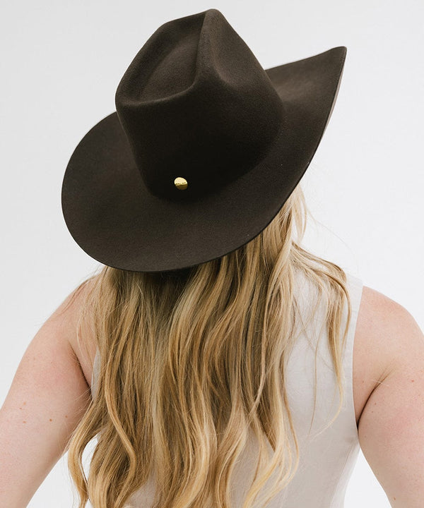 Gigi Pip felt hats for women - Lane Brick Top - 100% australian wool stiff traditional western Upturned Brim with a Brick Top Crown featuring a gold plated Gigi Pip branded pin on the back of the crown [dark brown]
