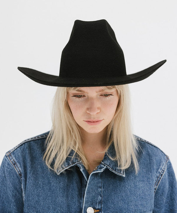 Gigi Pip felt hats for women - Lane Brick Top - 100% australian wool stiff traditional western Upturned Brim with a Brick Top Crown featuring a gold plated Gigi Pip branded pin on the back of the crown [black]