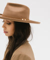 Gigi Pip felt hats for women - Luca Pencil Brim Teardrop Fedora - teardrop fedora crown with a pencil rolled brim, featuring an oiled genuine leather band and metal closure [tan]