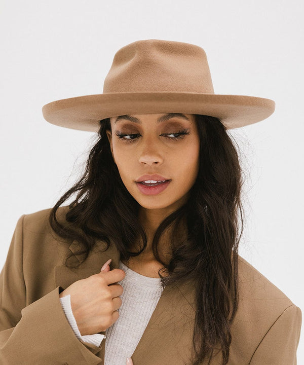 Gigi Pip felt hats for women - Luca Pencil Brim Teardrop Fedora - teardrop fedora crown with a pencil rolled brim, featuring an oiled genuine leather band and metal closure [tan]