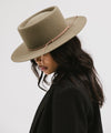 Gigi Pip felt hats for women - Maise Telescope Crown - 100% australian wool medium flat brim with a telescope crown, featuring an adjustable, layered leather band with our siganture xx detailing the band [aloe]