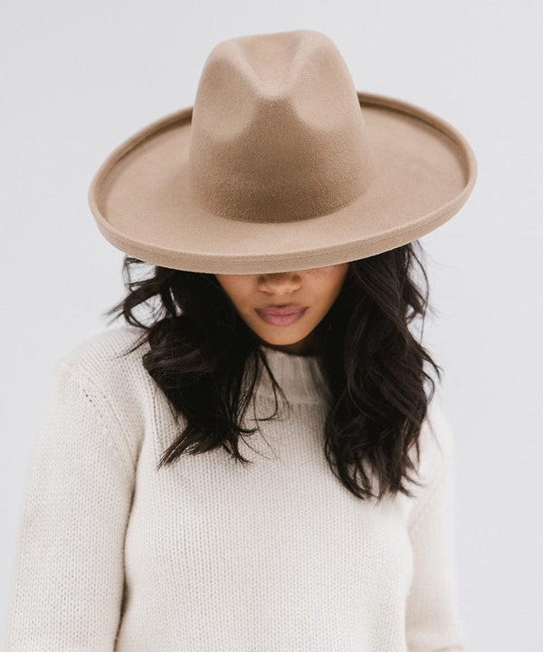 Gigi Pip felt hats for women - Maude Pencil Brim - curved crown with a stiff, wide brim with pencil rolled up edge [tan]
