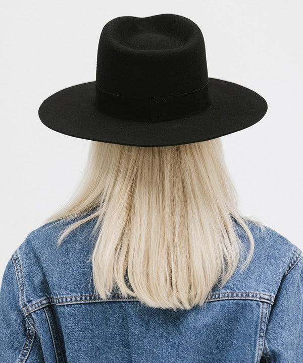 Gigi Pip felt hats for women - Miller Fedora - teardrop fedora with tall front crown and a structured flat brim [black-black]