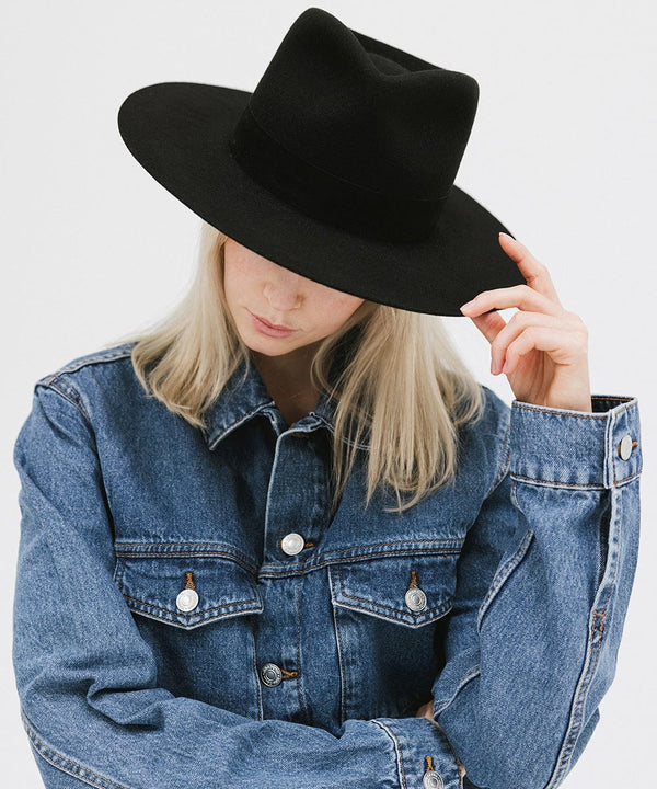 Gigi Pip felt hats for women - Miller Fedora - teardrop fedora with tall front crown and a structured flat brim [black-black]