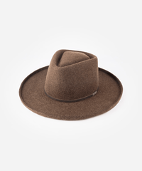 Pencil brim fedora hat with a sculpted diamond crown and a hat band against a plain background #color_mix brown