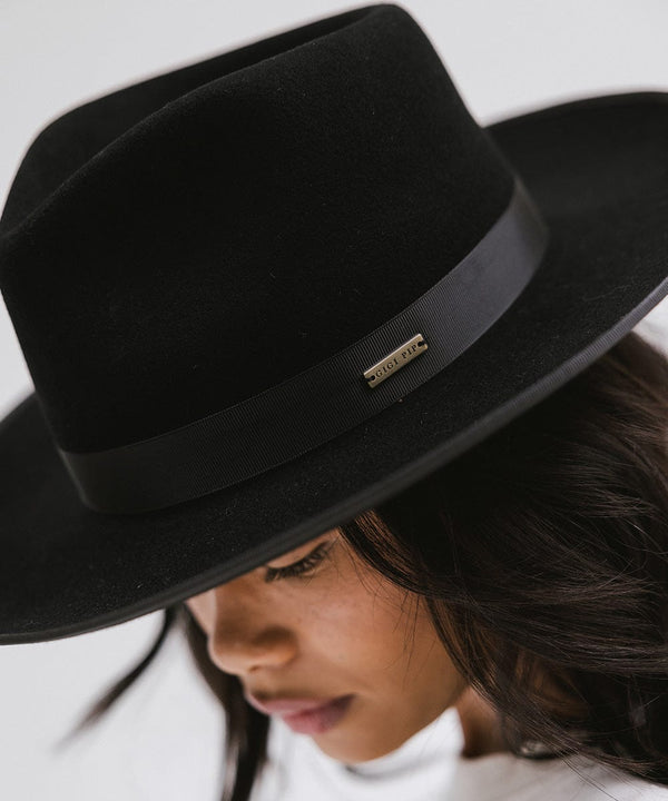 Gigi Pip felt hats for women - Monroe Rancher - fedora teardrop crown with stiff, upturned brim adorned with a tonal grosgrain band on the crown and brim [black]
