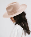 Gigi Pip felt hats for women - Monroe Rancher - fedora teardrop crown with stiff, upturned brim adorned with a tonal grosgrain band on the crown and brim [nude]