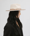 Gigi Pip felt hats for women - Monroe Rancher - fedora teardrop crown with stiff, upturned brim adorned with a tonal grosgrain band on the crown and brim [white-taupe]