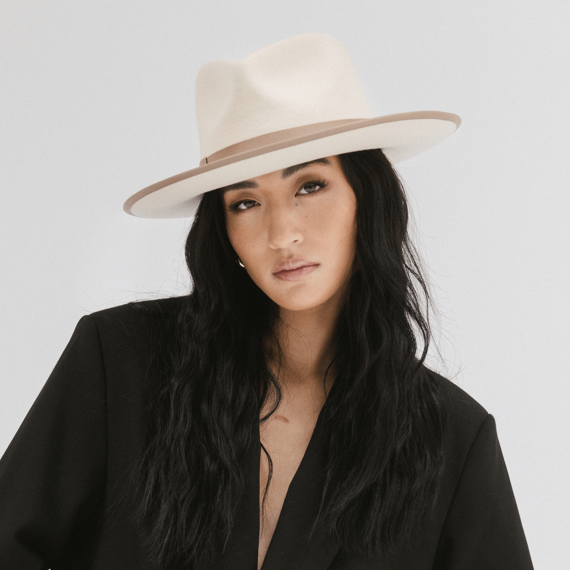 Gigi Pip felt hats for women - Monroe Rancher - fedora teardrop crown with stiff, upturned brim adorned with a tonal grosgrain band on the crown and brim [white-taupe]