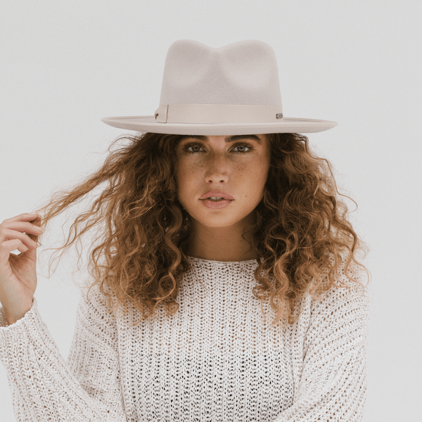 Gigi Pip felt hats for women - Monroe Rancher - fedora teardrop crown with stiff, upturned brim adorned with a tonal grosgrain band on the crown and brim [ivory]