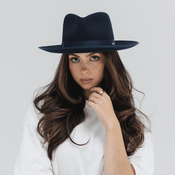 Gigi Pip felt hats for women - Monroe Rancher - fedora teardrop crown with stiff, upturned brim adorned with a tonal grosgrain band on the crown and brim [navy]