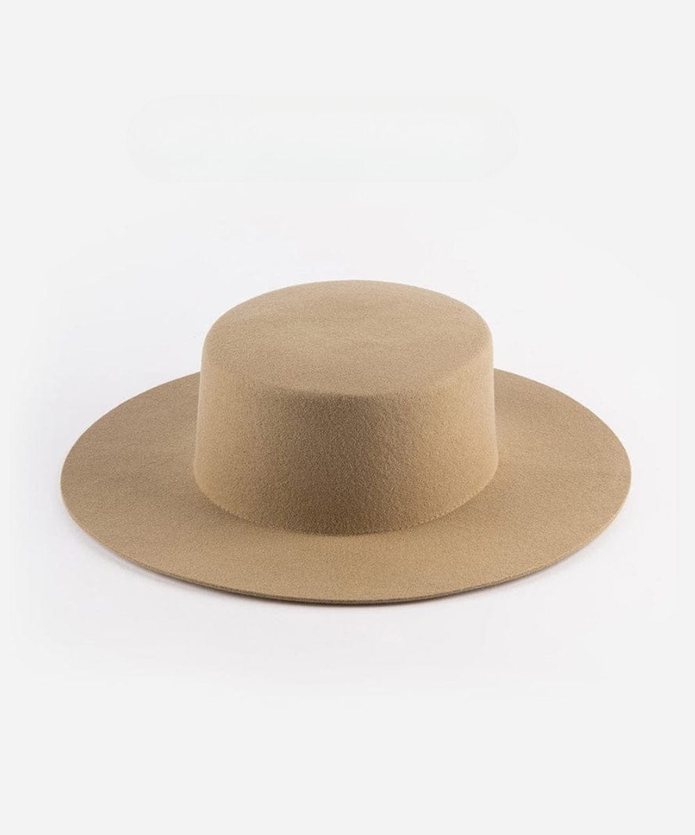 A tan boater hat on a plain background #color_tan