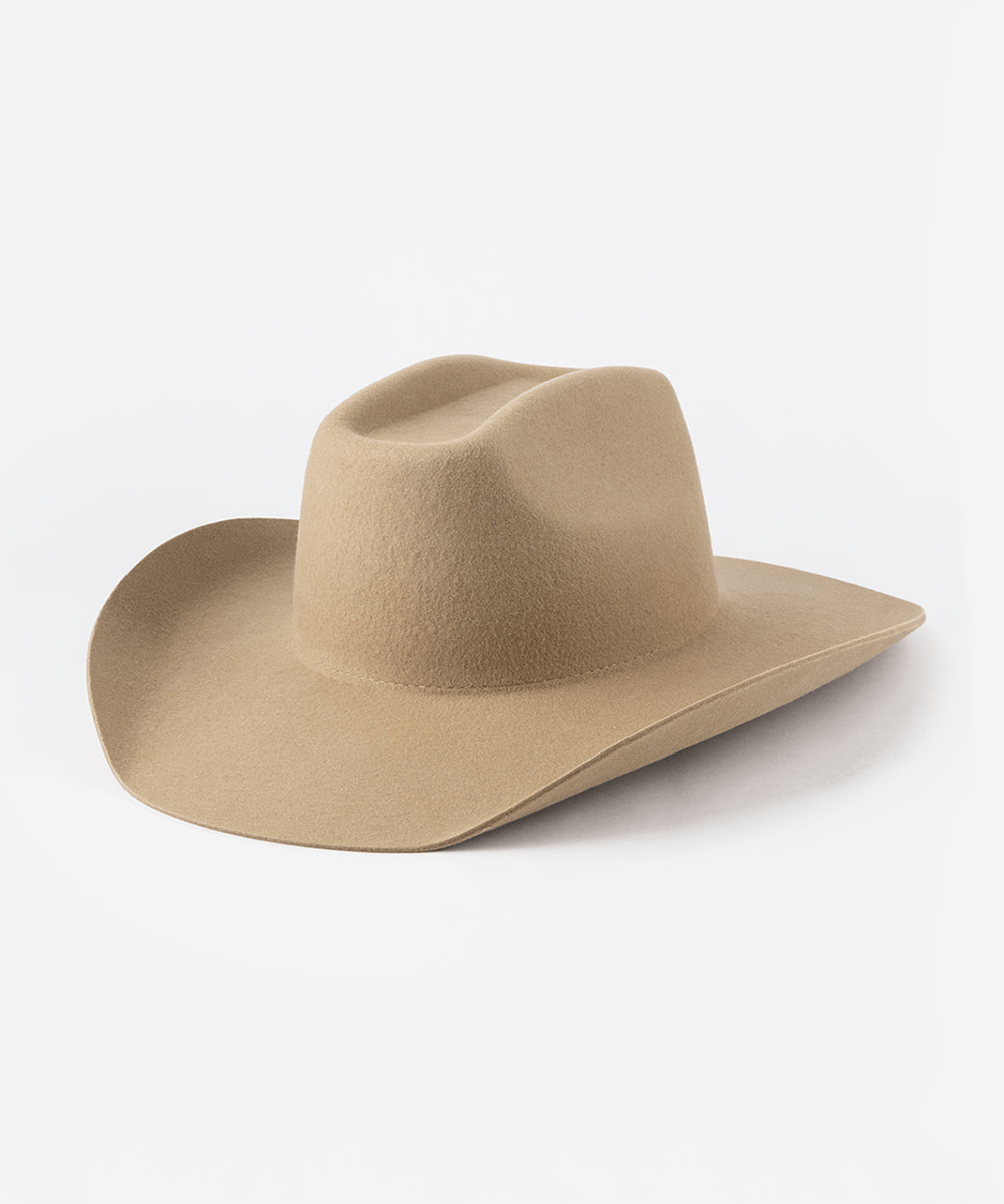 A tan cowboy hat with an upturned brim, displayed against a white background #color_tan