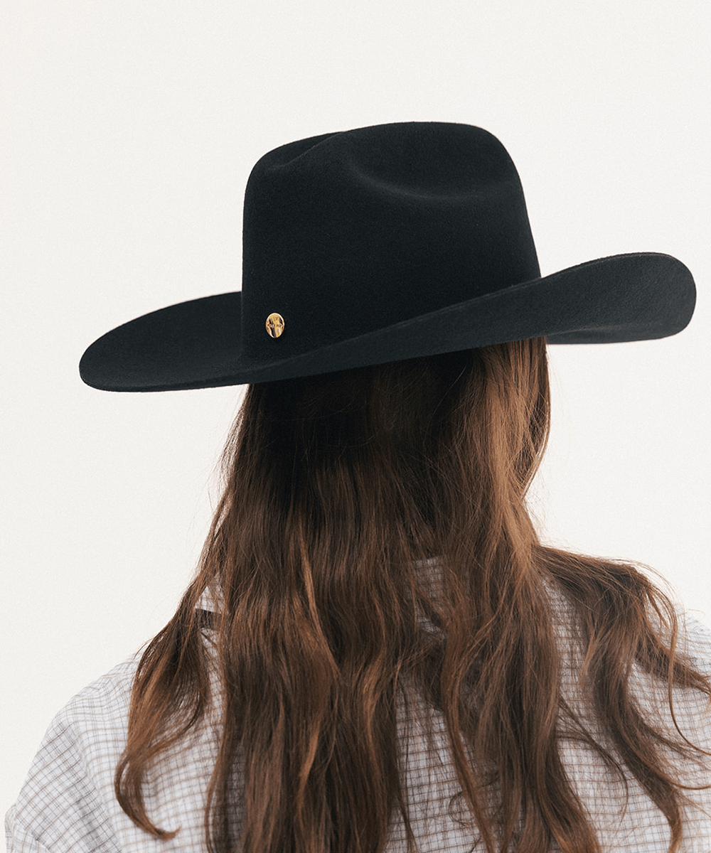 A person viewed from behind wearing a black wide-brim fedora hat with a small gold skull emblem on the band, against a plain white background #color_black