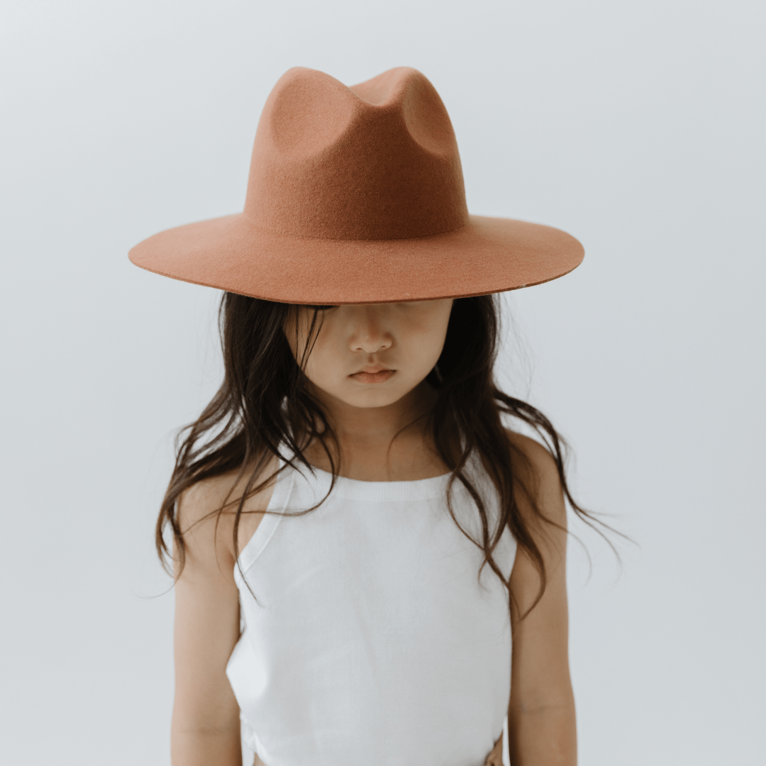 Gigi Pip felt hats for kids - Kids Emma Wide Brim Fedora - classic fedora crown with a stiff, a-line brim [tan]
